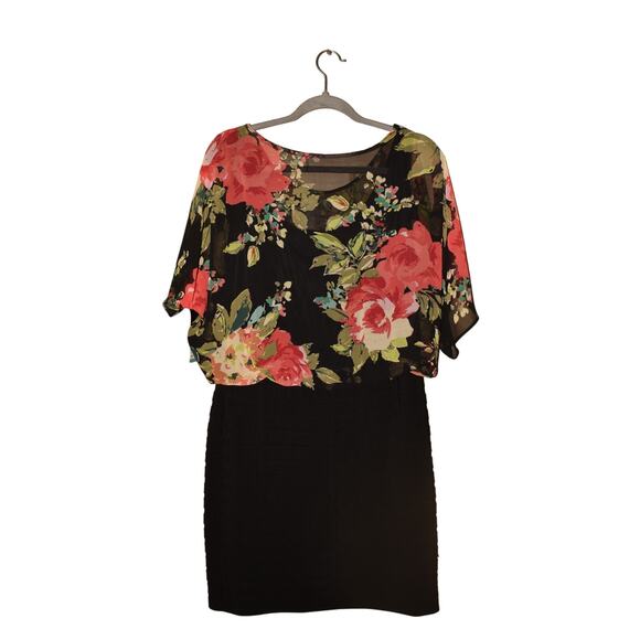 SCARLETT NITE NEW $129 Black‎ Floral Chiffon Overlay Sheath Dress Size 10 - Picture 2 of 3